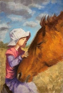 Young girl with a hat petting a horse at the Pastel Society of Victoria exhibition.