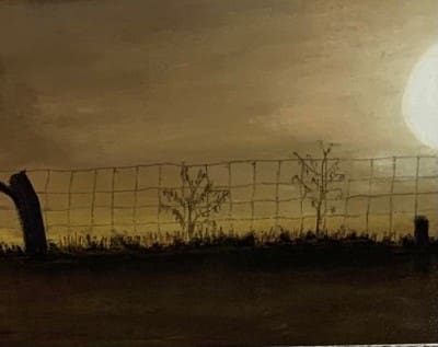 Pastel artwork of a moonlit landscape with trees and fence, celebrating the winners of 2023.