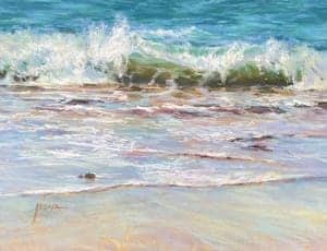 Bright pastel beach waves with gentle surf and sandy shoreline.