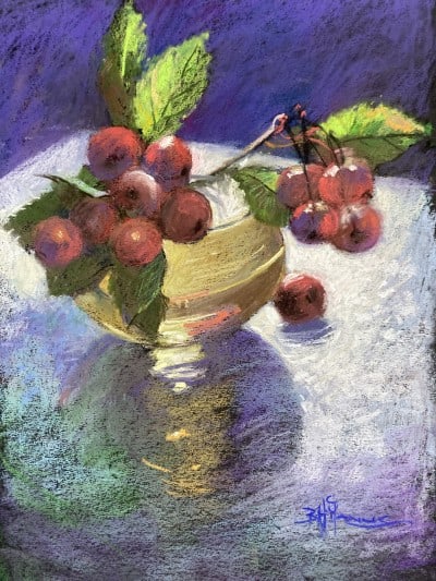 Still life painting of cherries in a bowl with leaves, vibrant colours, pastel art style.