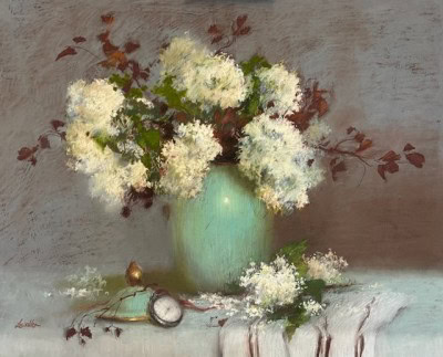 Pastel Society of Victoria exhibition winner floral artwork, showcasing white flowers in a green vas.