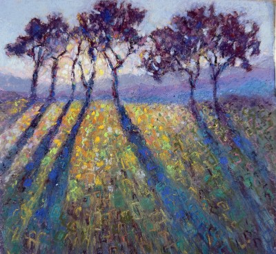Pastel landscape artwork featuring trees and vibrant shadows, showcased at The Pastel Society of Vic.