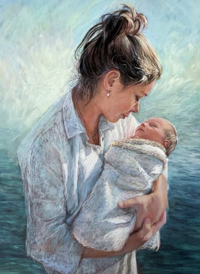 Mother holding her newborn wrapped in a blanket, showcasing pastel artwork.
