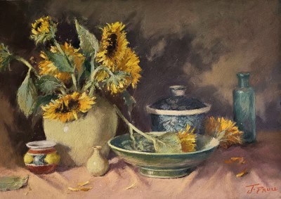 Vibrant sunflower still life artwork showcased at The Pastel Society of Victoria, Australia, Exhibit.