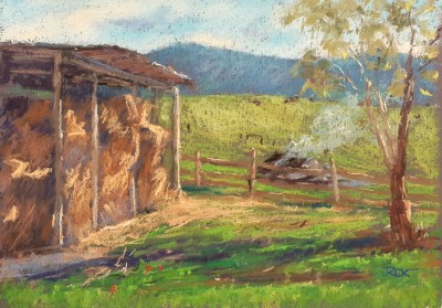 Pastel landscape painting of a rural scene with a hay shed, green fields, and a tree, showcasing the.