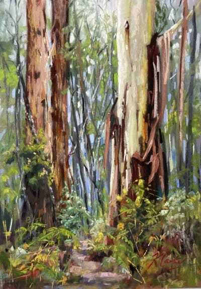 Pastel forest landscape artwork showcasing tall trees and lush greenery.