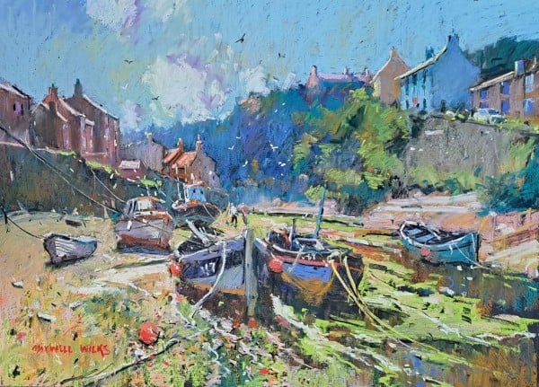Colorful pastel painting of boats docked along a riverbank during the Annual Exhibition.