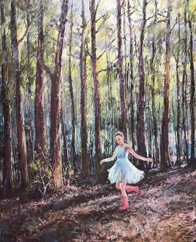 Pastel painting of a girl dancing in a forest, showcasing vibrant colours and artistic skill.
