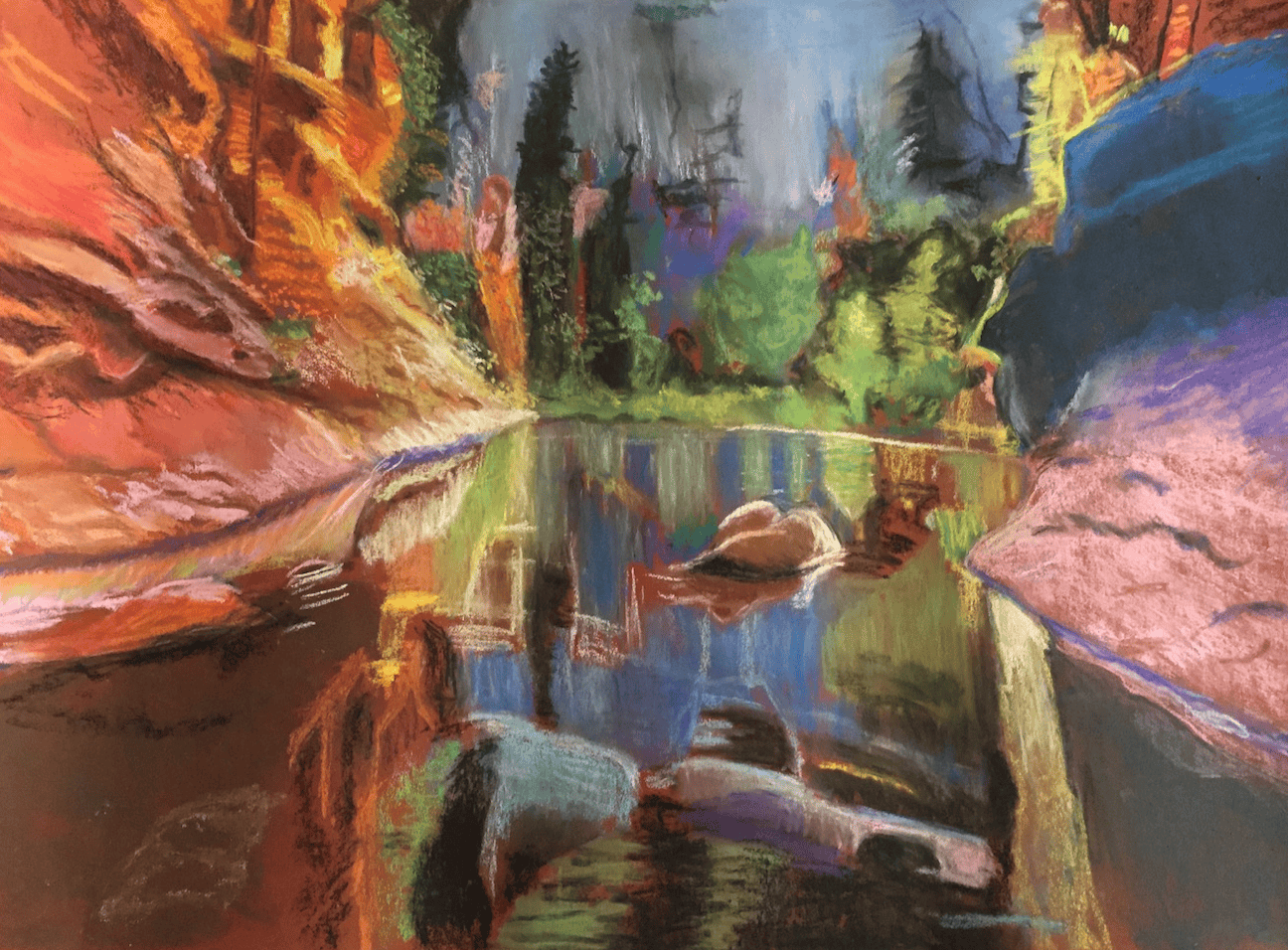 Pastel landscape painting of a river surrounded by colorful trees and rocks.