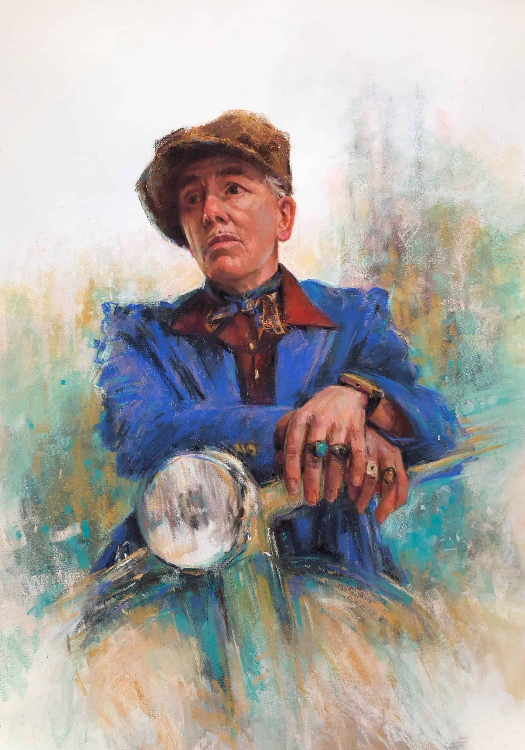 Portrait of a man in blue jacket and brown hat, pastel artwork.