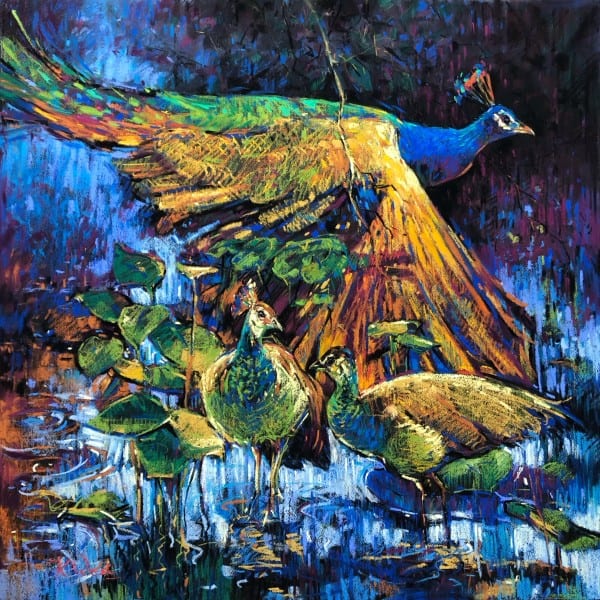 Brightly coloured peacock with lush water lilies in a vivid, expressive art style.