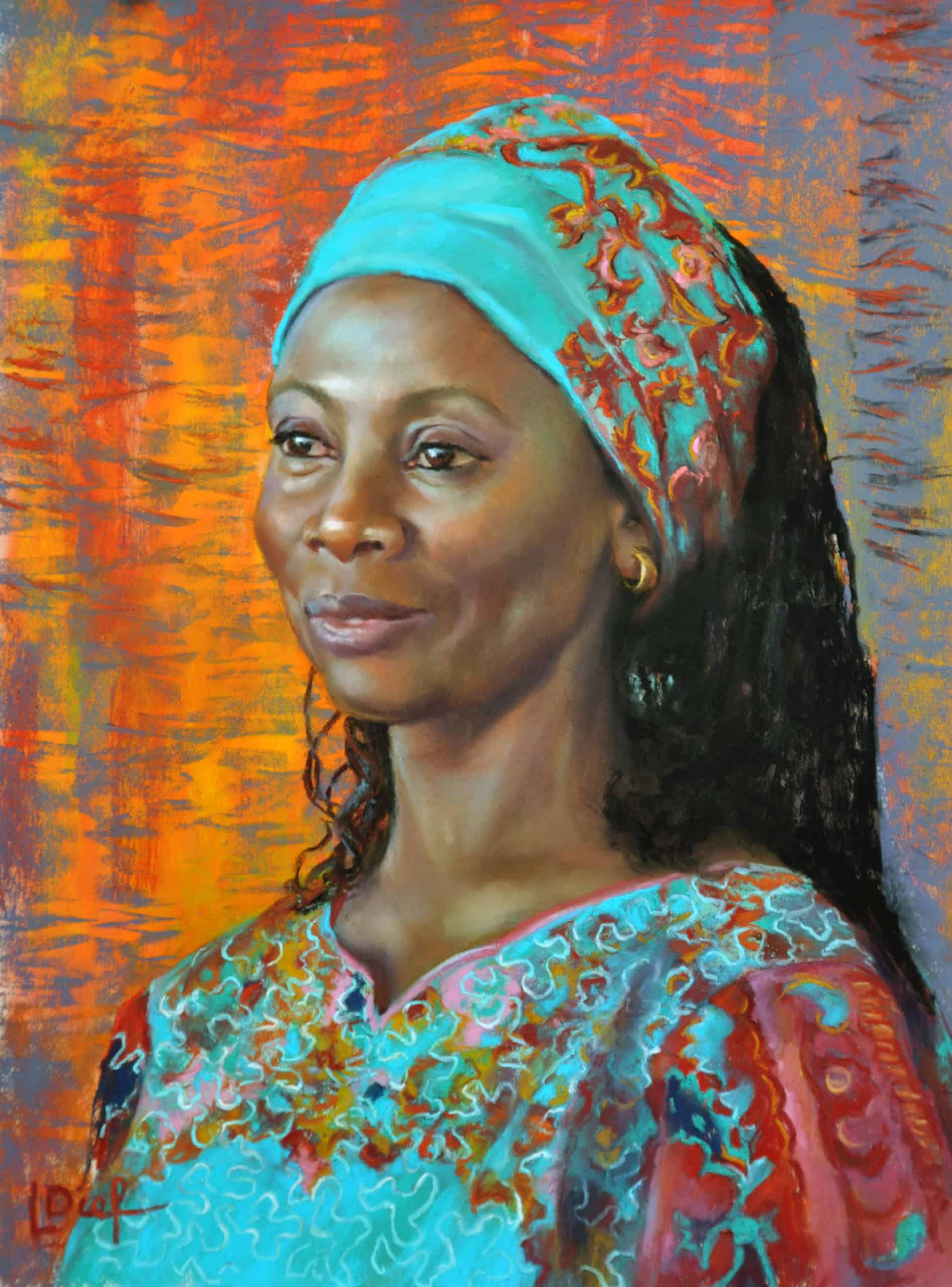 African woman in traditional attire, pastel art.