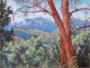 Pastel landscape painting of a mountain view with a large tree in the foreground.