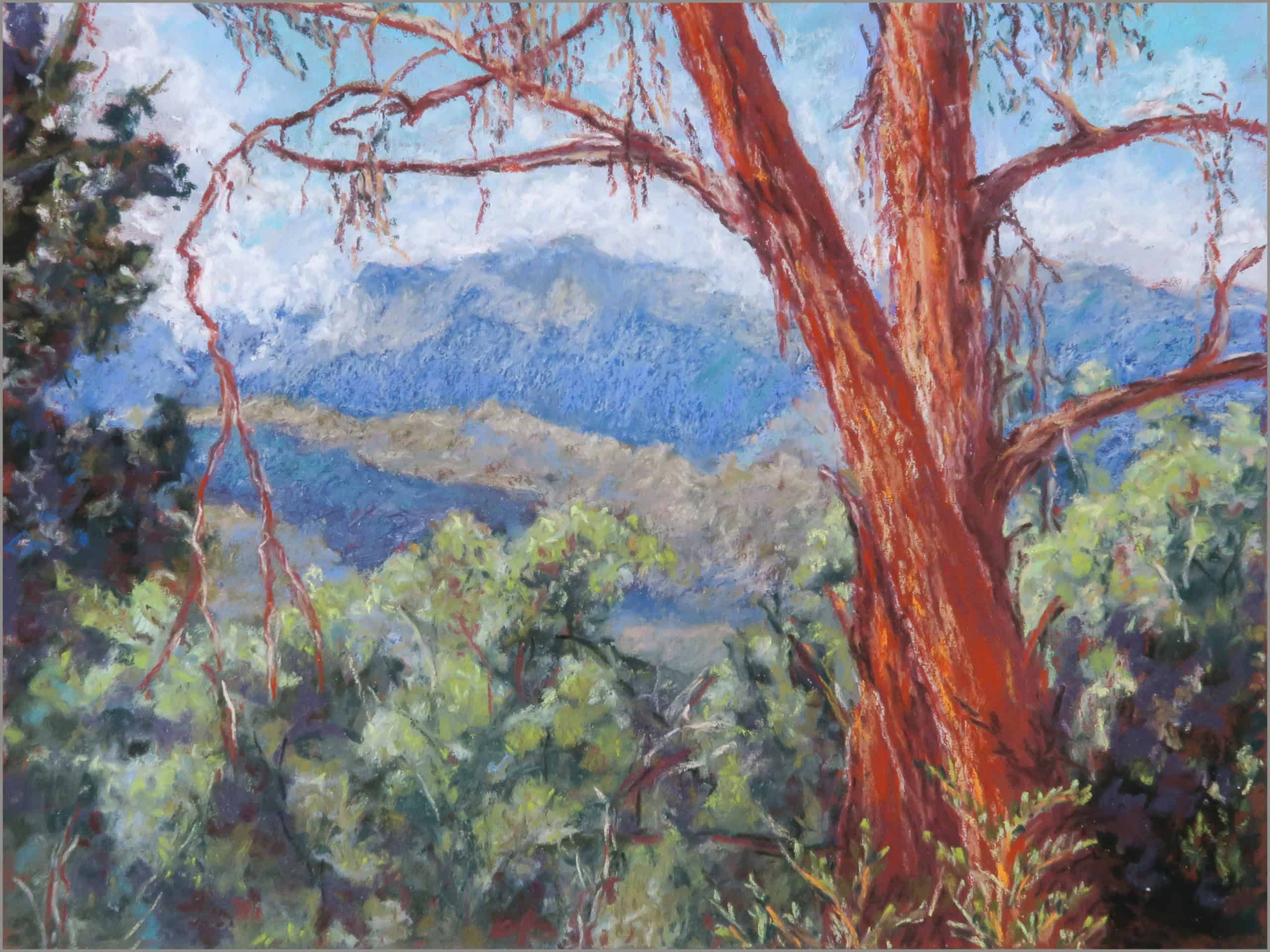 Pastel landscape painting of a mountain view with a large tree in the foreground.
