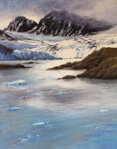 Beautiful pastel artwork of icy mountains and glaciers in a polar landscape.