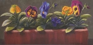 Beautiful pastel painting of vibrant pansies in a pot, showcasing the talent of Victorian pastel art.