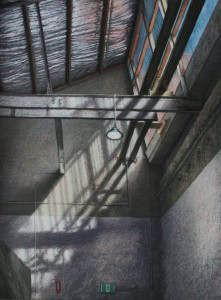An interior landscape painting of a ceiling with exposed beams and natural light at the Pastel Society of Victoria exhibition.