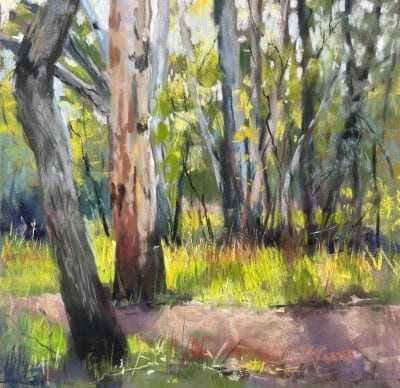 Vibrant pastel painting of a lush gum forest with trees and sunlight filtering through leaves.
