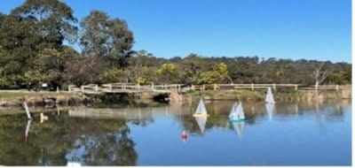 Lilydale Lake with sailboats and bridge in Victoria, Australia.