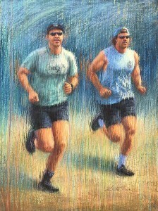 Running runners in athletic gear participating in a race at the Pastel Society of Victoria exhibitio.