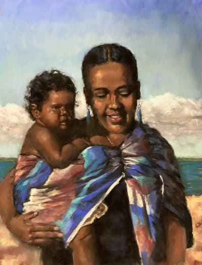 Pastel art of a woman and child at the beach, showcasing vibrant colours and skillful technique.