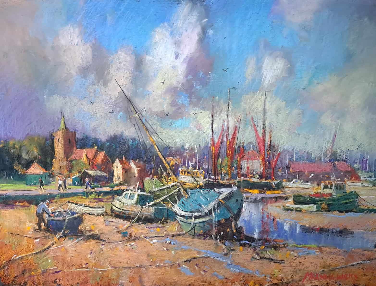 Beautiful pastel painting of boats and a coastal scene, showcasing the talent of The Pastel Society.