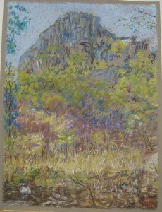 Pastel landscape painting of a rocky hill with lush greenery and colorful foliage, showcasing the ta.