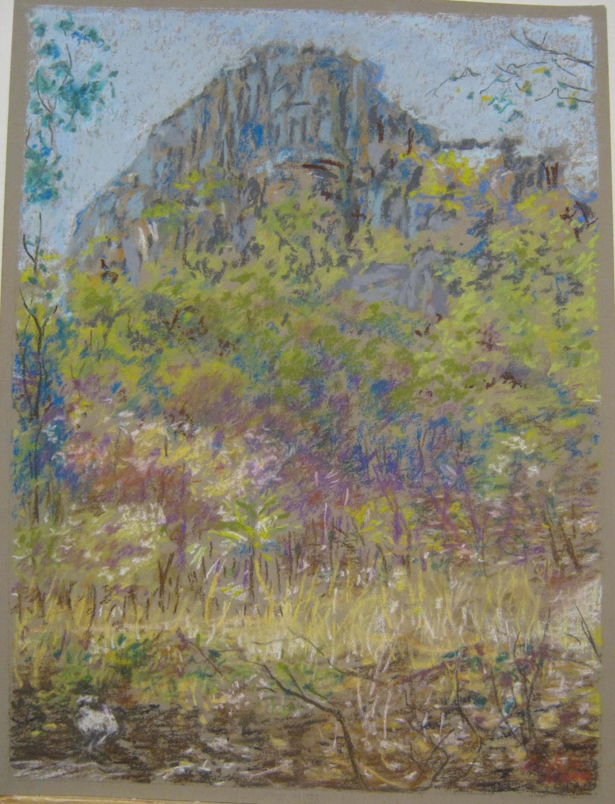 Pastel landscape painting of a rocky hill with lush greenery and colorful foliage, showcasing the ta.