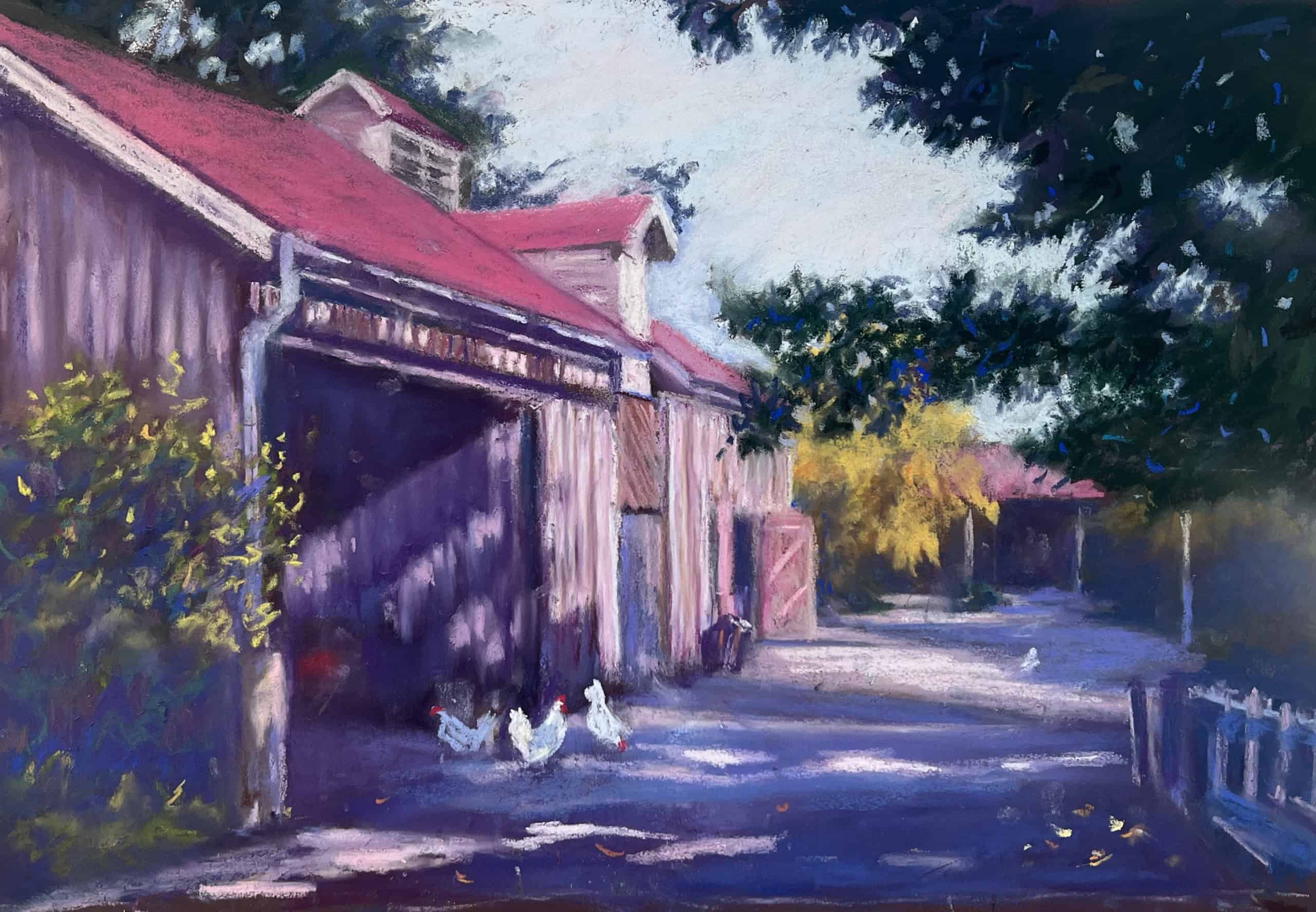 Pastel painting of a rustic barn with pastel flowers in the foreground, showcasing the talent of Vic.