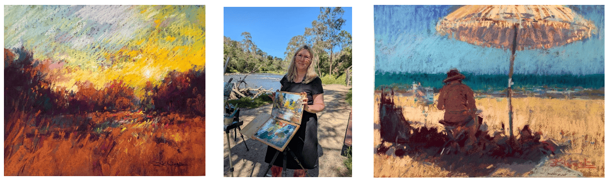 Artist painting outdoors during pastel workshop at The Pastel Society of Victoria, Australia.
