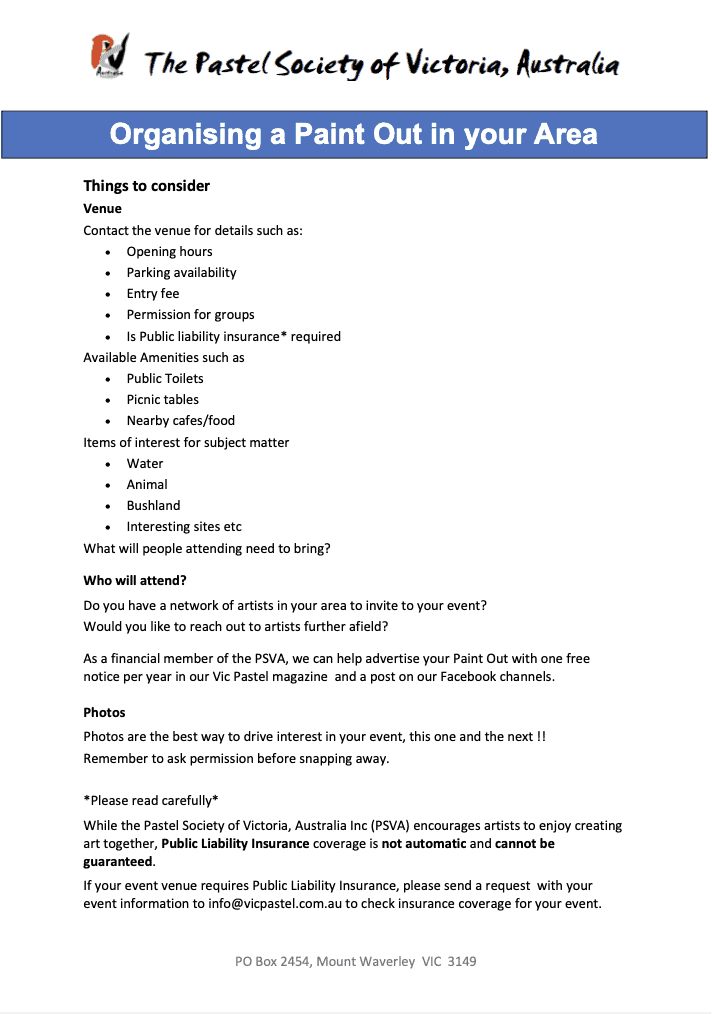 The Pastel Society of Victoria, Australia - how to organise a paint out in your area