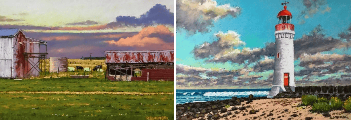 Pastel artworks of a rural farm scene and a lighthouse on the coast.