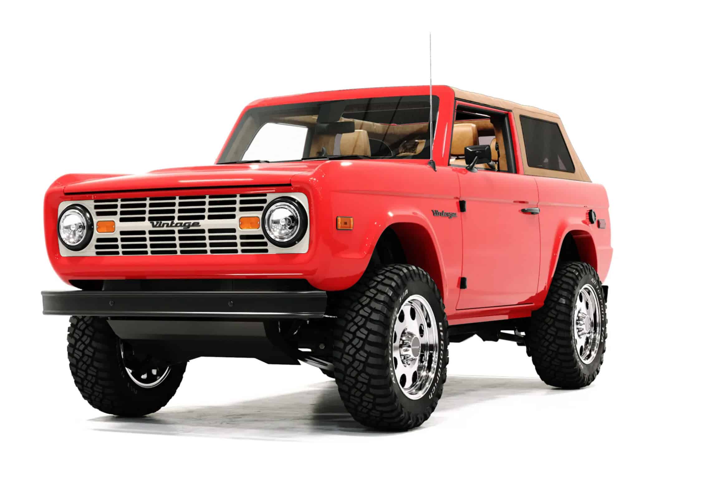 Red vintage off-road SUV with classic design, rugged tires, and beige interior, showcasing a blend of retro and modern automotive aesthetic. Perfect for vintage modern car enthusiasts.