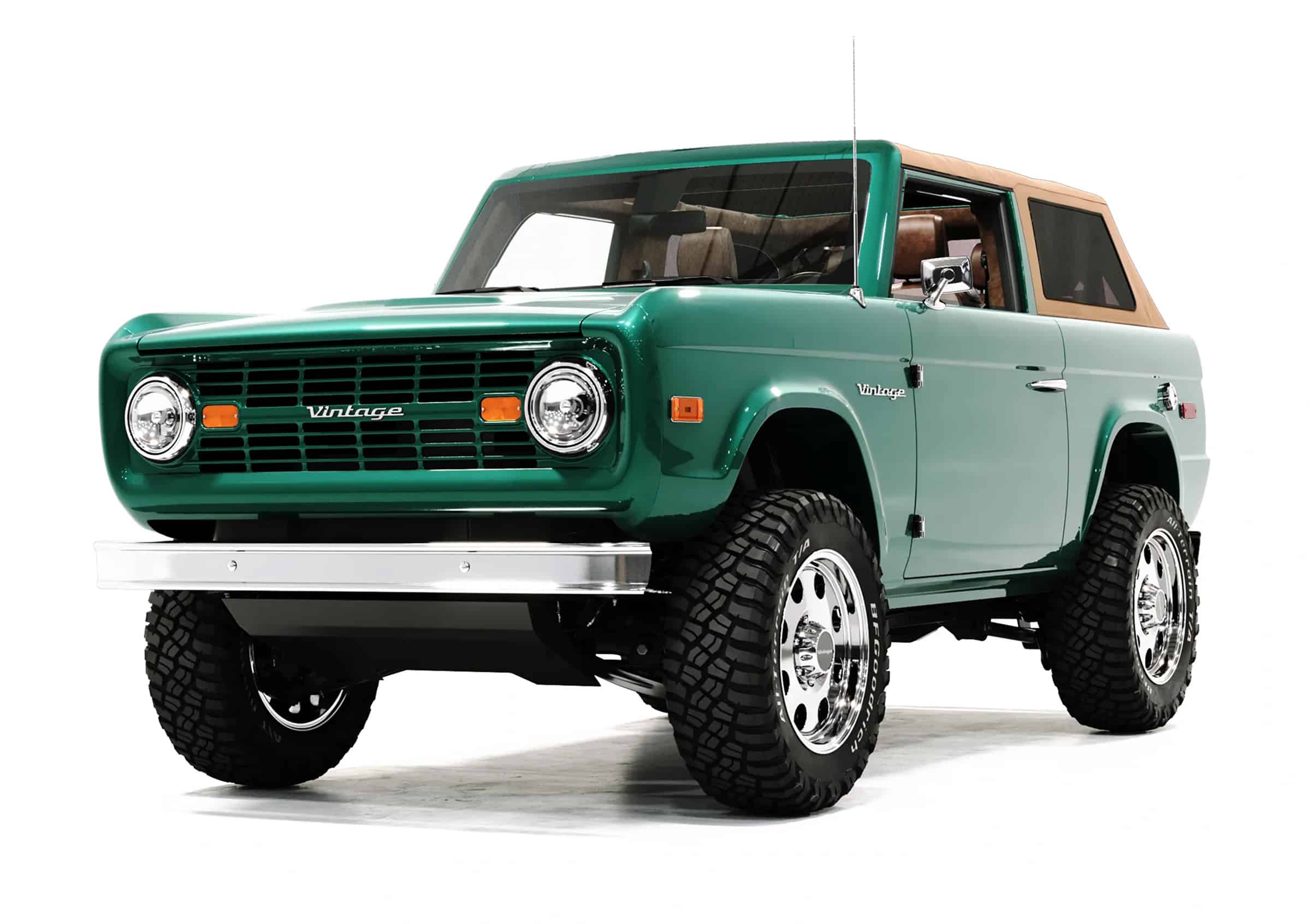 Vintage off-road SUV with a retro green body and tan roof, featuring classic design elements and rugged tires, perfect for vintage modern vehicle enthusiasts.