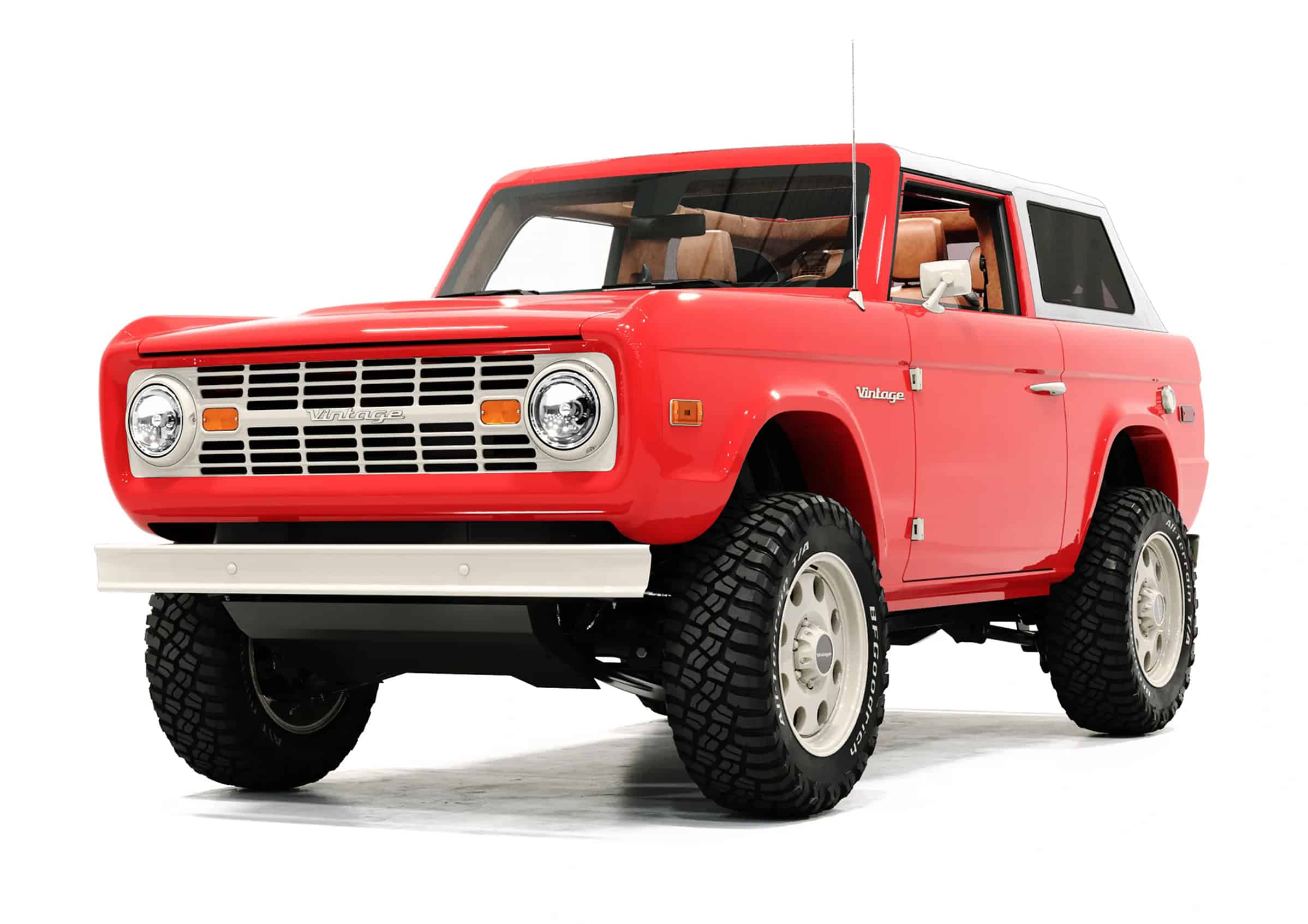 Sumptuously restored vintage off-road SUV with retro design, rugged tires, and classic styling by Vintage Modern. Perfect blend of vintage charm and modern durability.