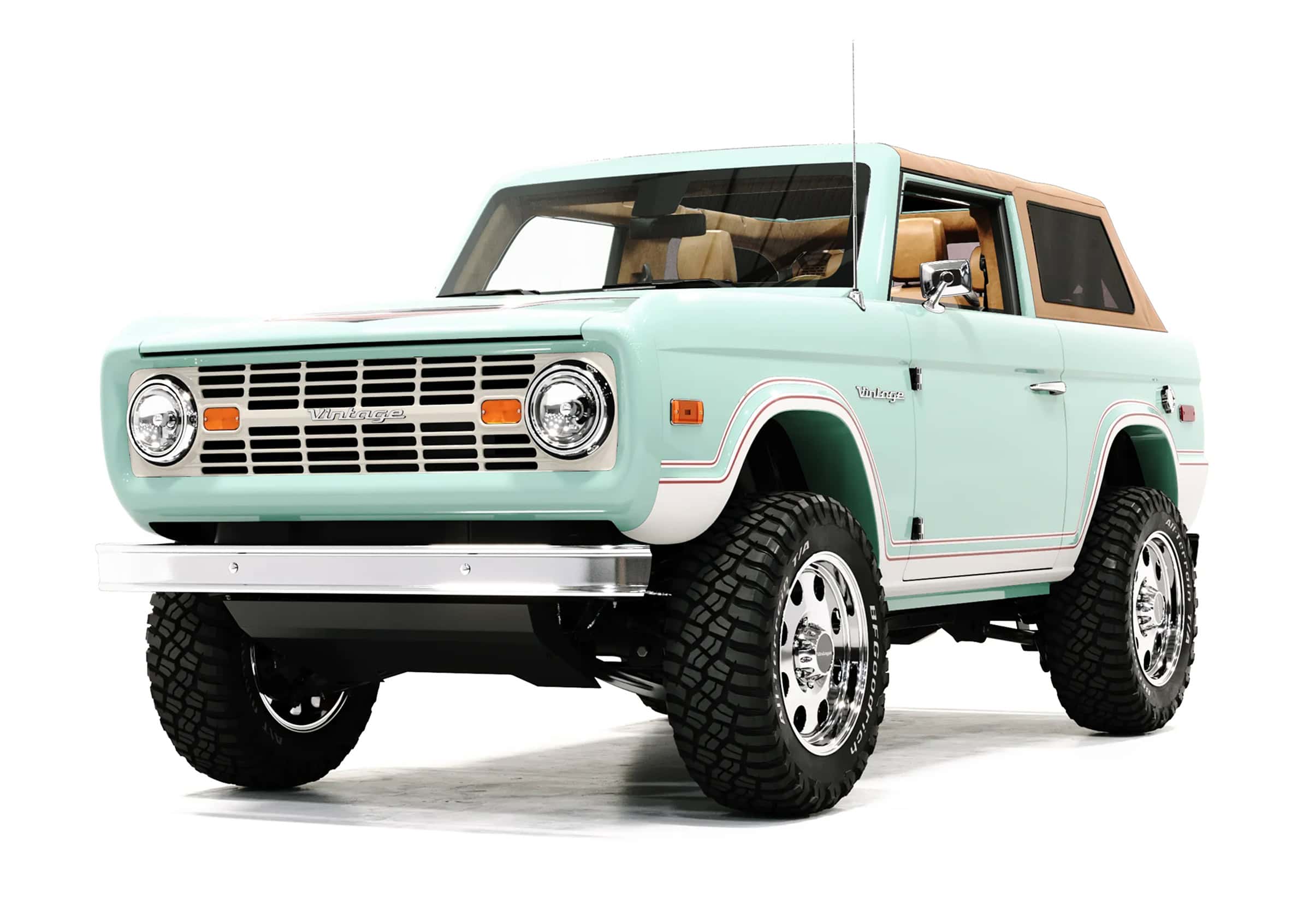 Vintage modern off-road SUV in pastel mint green with tan roof, showcasing retro-inspired design, rugged tires, and stylish accents perfect for a nostalgic yet contemporary look.
