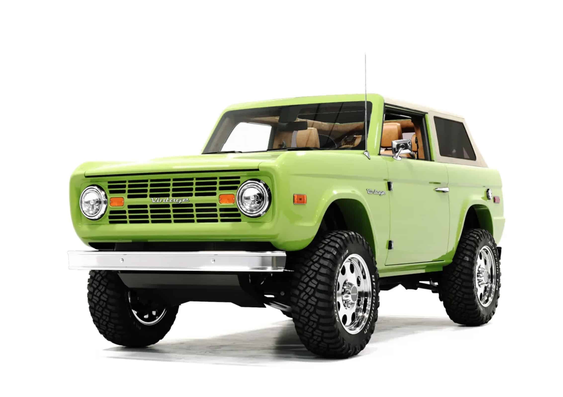 VINTAGE MODERN green off-road SUV with retro design, classic grille, and bold tires showcasing timeless style and rugged capability.