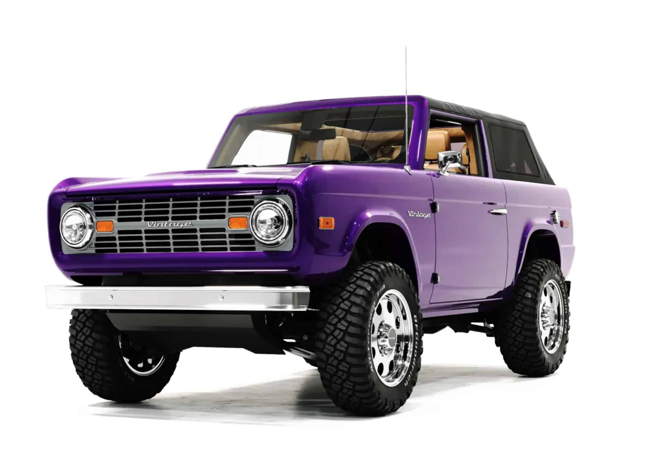 Vintage Modern purple off-road SUV with retro design, bold wheels, and classic styling, showcasing a blend of vintage and modern automotive aesthetics.