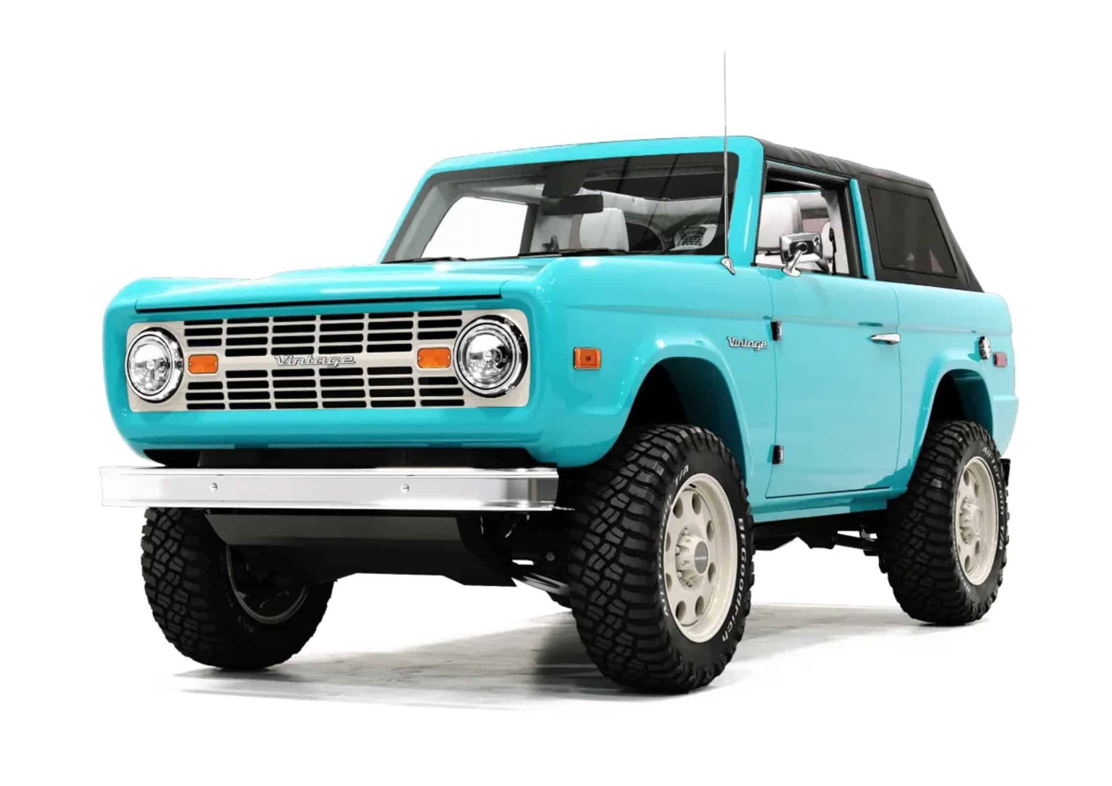 Vintage modern turquoise off-road vehicle, classic SUV with retro design, bold style, and rugged tires, perfect for outdoor adventures and vintage-inspired decor.