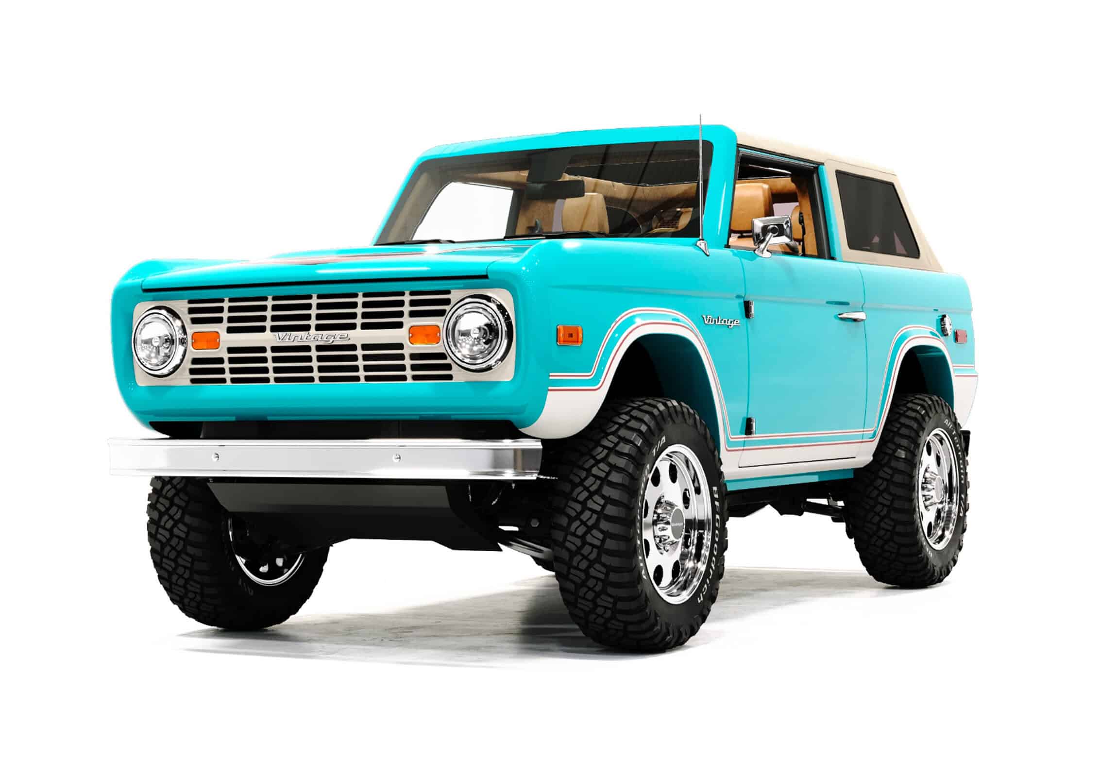 Bright turquoise vintage off-road vehicle with retro design, bold striped accents, rugged tires, and classic accessories, perfect for vintage modern style enthusiasts.