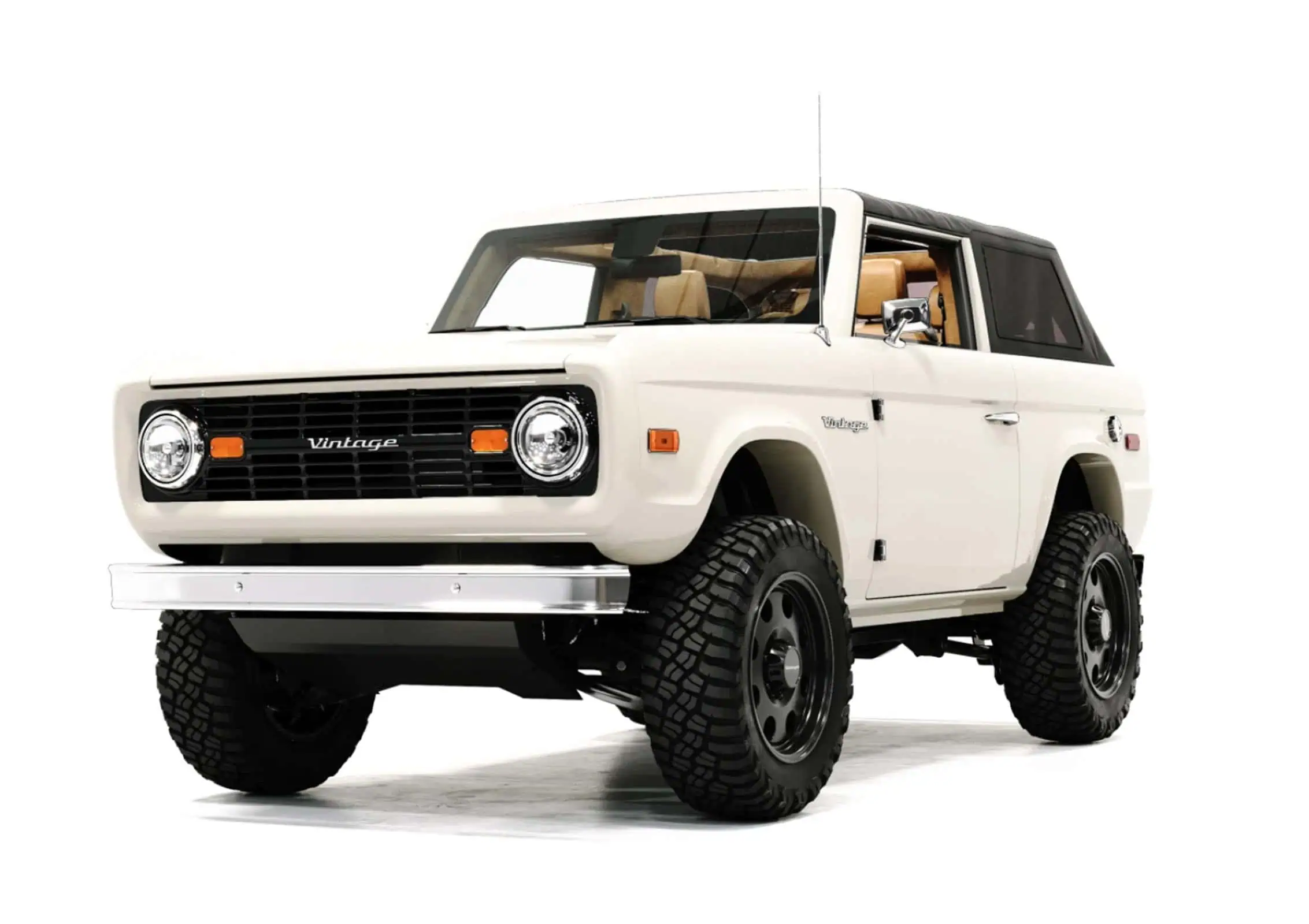 Vintage modern off-road vehicle with bold tires and retro design, perfect for outdoor adventures and stylish urban excursions.