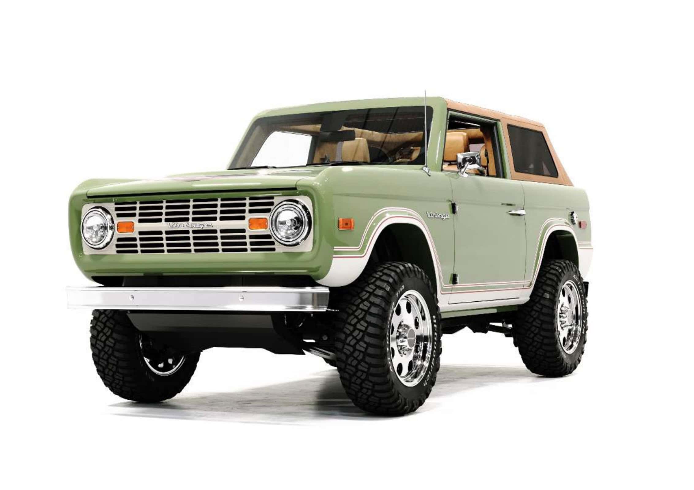 Vintage green off-road vehicle with retro styling, rugged tires, and vintage modern design, perfect for outdoor adventures and classic car enthusiasts.