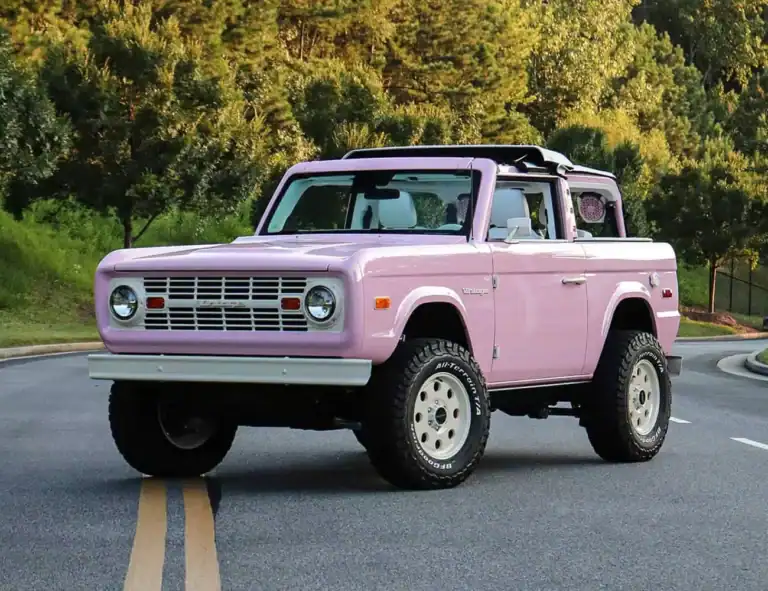 Pink vintage off-road truck with retro design on a scenic road surrounded by lush green trees, showcasing classic and modern automotive styles.