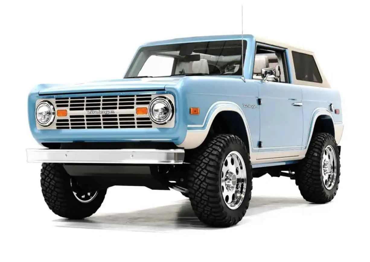 A vintage-style off-road SUV in pastel blue with bold tires, classic design, and retro details, perfect for outdoor adventures with a nostalgic vintage modern aesthetic.