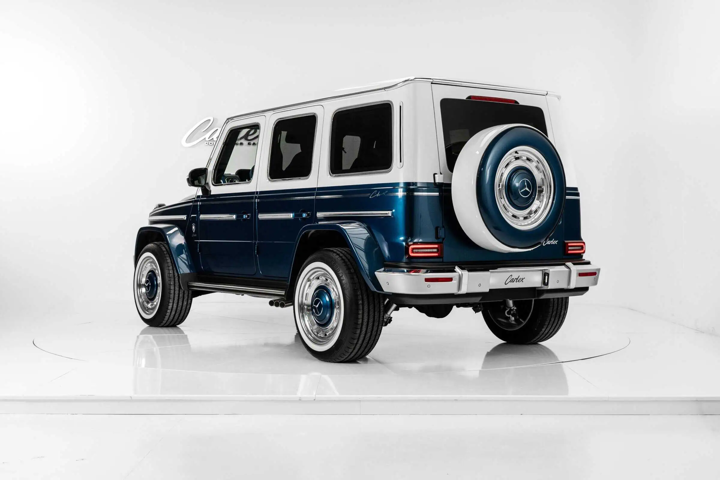 A stylish vintage Mercedes-Benz SUV featuring a classic yet modern aesthetic in blue and white, with sleek lines and bold design elements, perfect for collectors and enthusiasts.