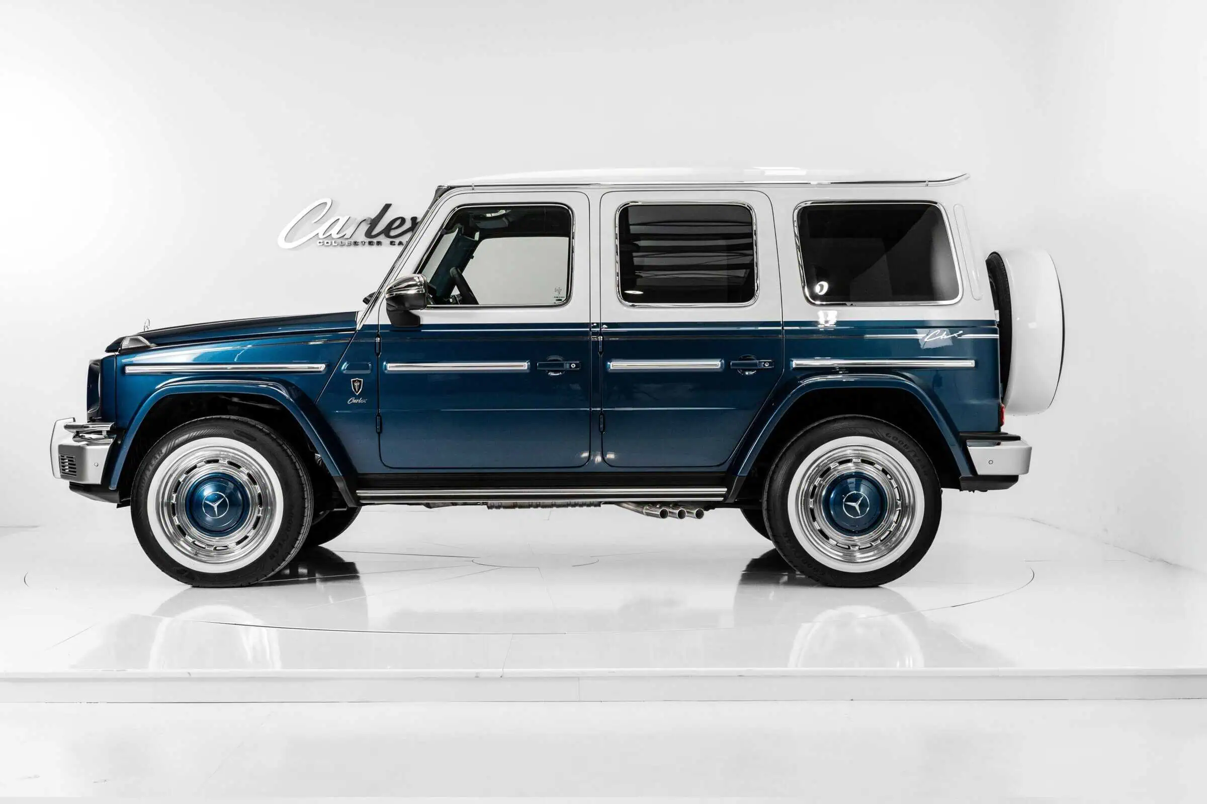 A classic vintage Mercedes-Benz G-Class SUV with a stylish blue and white color scheme, featuring retro design elements and premium quality finishes, perfect for luxury and timeless appeal.
