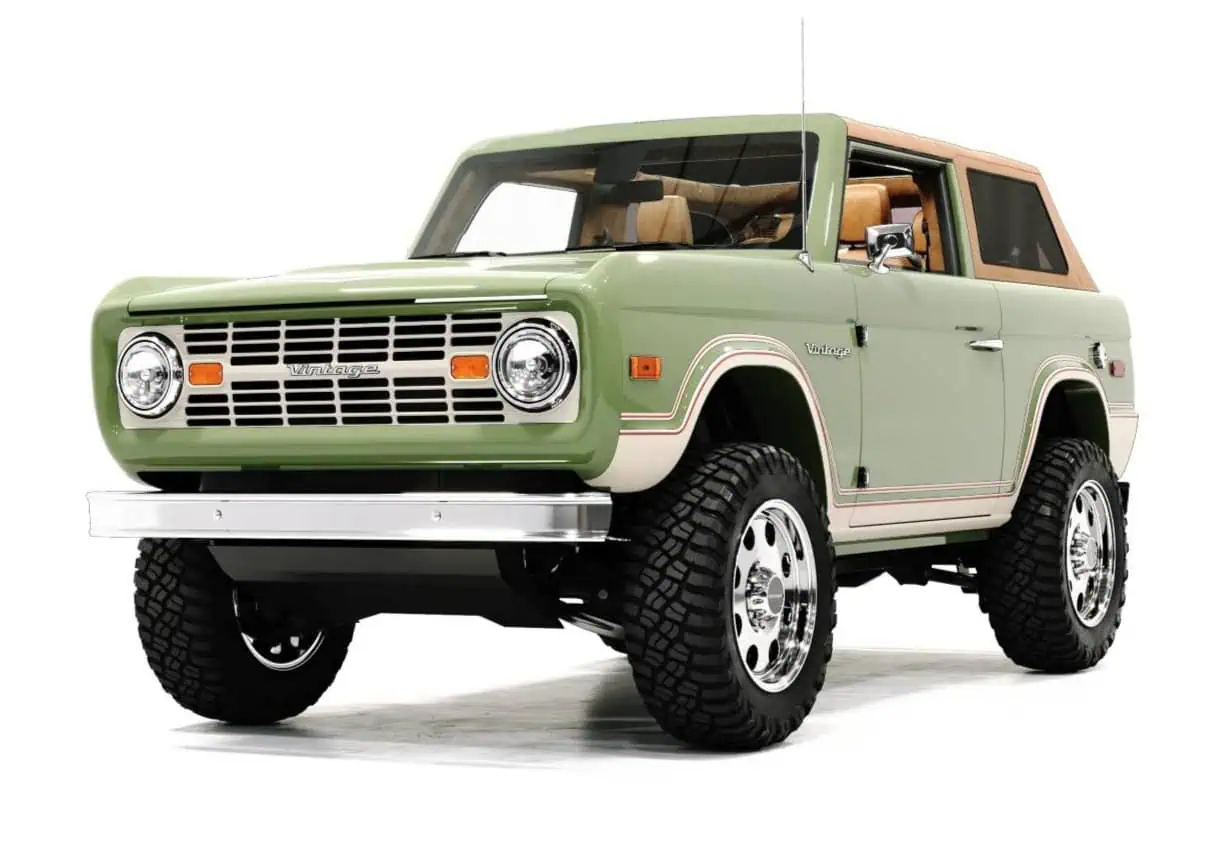 Inspired off-road SUV in pastel green with a retro aesthetic, featuring large tires, classic grille, and beige interior, perfect for outdoor adventures and stylish drives.