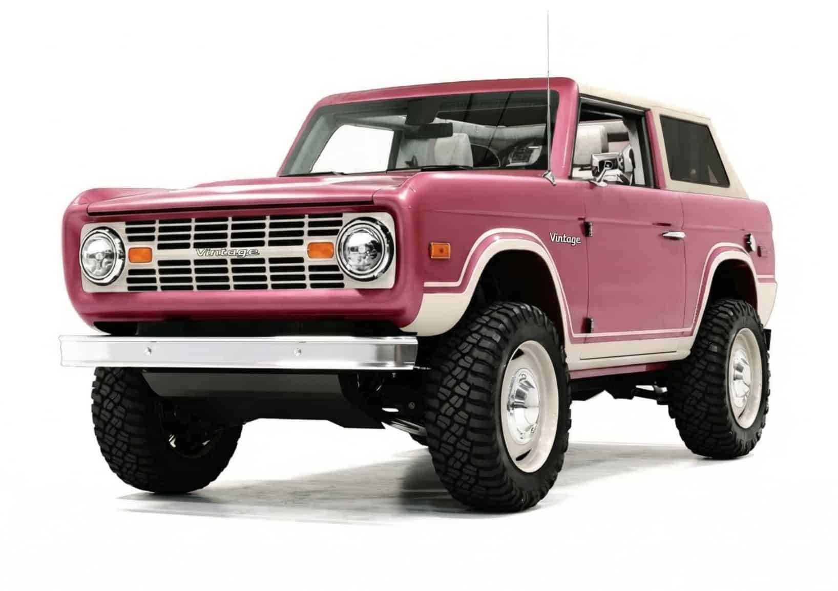 Classic vintage pink off-road vehicle with rugged tires and retro design, perfect for outdoor adventures and nostalgic style enthusiasts.