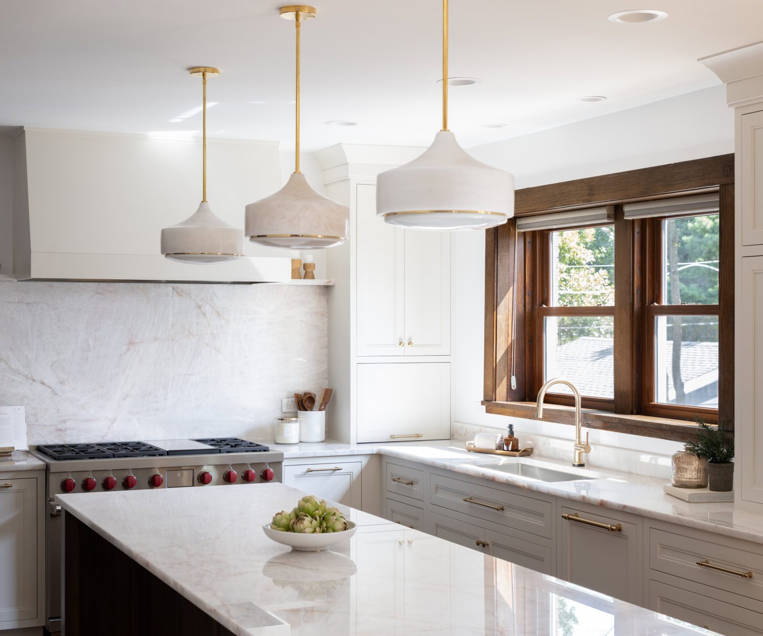 Close up on three high end pendant lights used in Western Springs kitchen design 