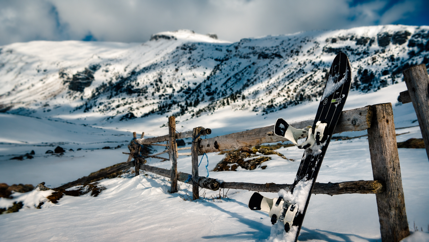 Vedere de iarnă cu snowboard și peisaj montan Vedere de iarnă cu snowboard și peisaj montan acasă, în zona montană acoperită de zăpadă.